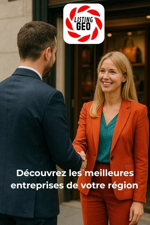 Une femme et un homme se serrent la main devant une boutique de maroquinerie